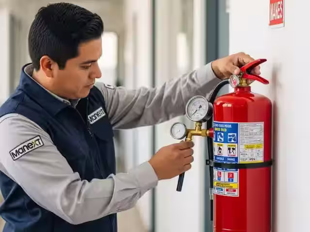 Verificación semestral de extintor con revisión de componentes internos y etiqueta de servicio