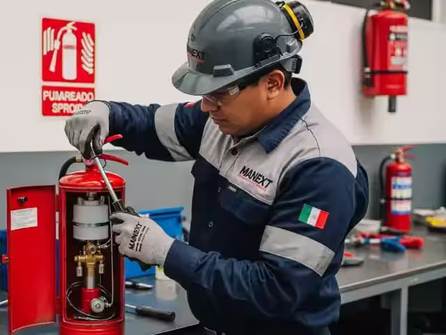 Proceso de recarga y mantenimiento anual completo de un extintor de polvo químico seco