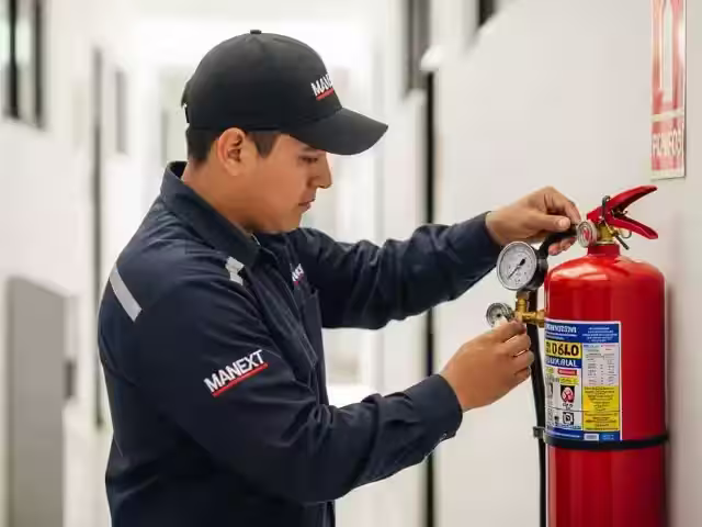 Técnico certificado realizando mantenimiento trimestral a un extintor en una empresa