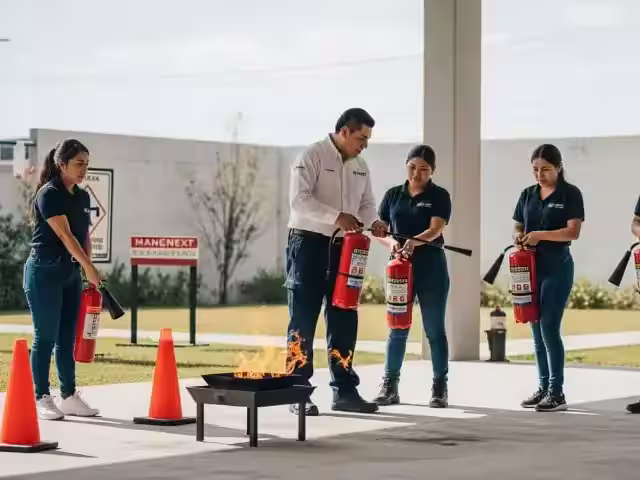 Grupo de empleados practicando el uso de extintores durante una capacitación de brigadas contra incendios