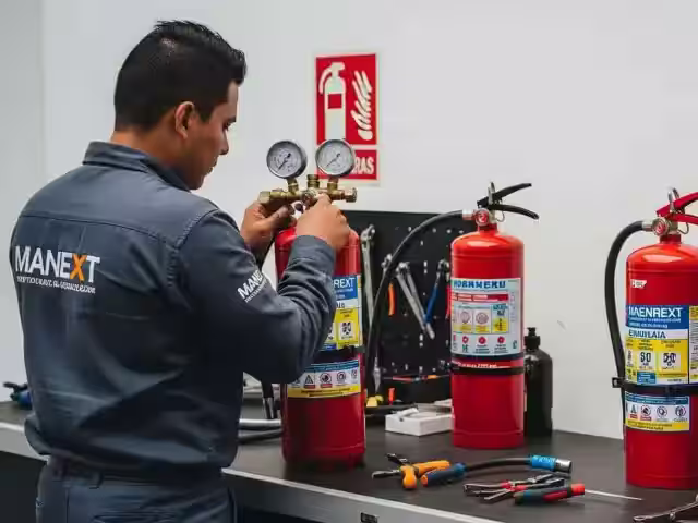 Técnico revisando la presión y estado de un extintor durante una inspección de mantenimiento preventivo