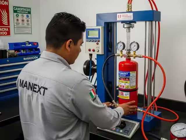 Cilindro de extintor sometido a prueba hidrostática con equipo de presión de agua