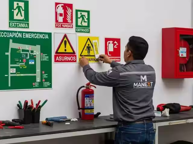 Señalización fotoluminiscente de emergencia y gabinete rojo con extintor instalado en un pasillo